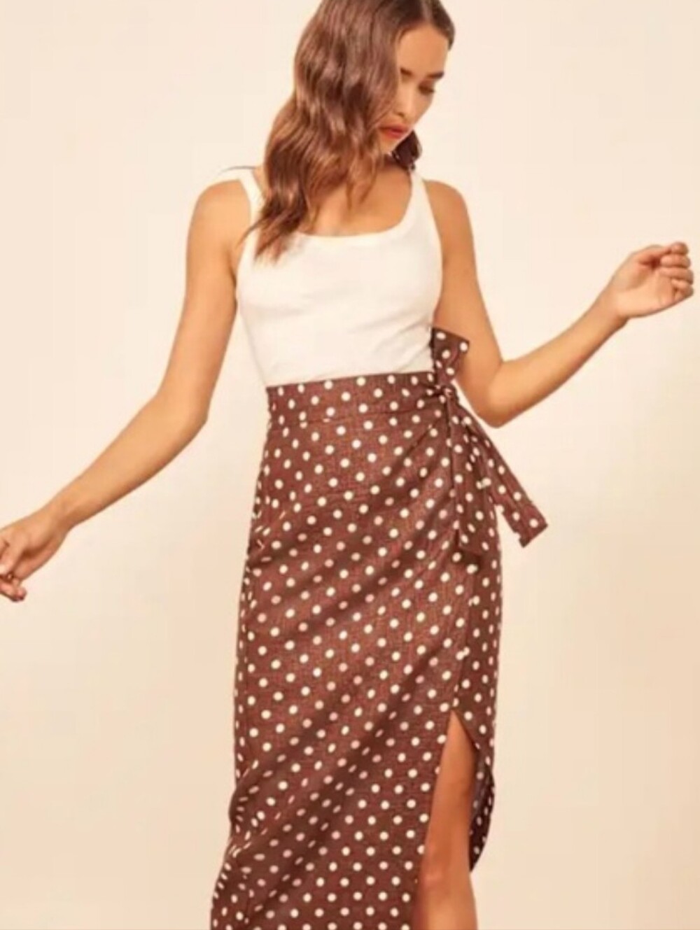 Reformation Florence Brown and White Polka Dot linen Wrap Midi Skirt small